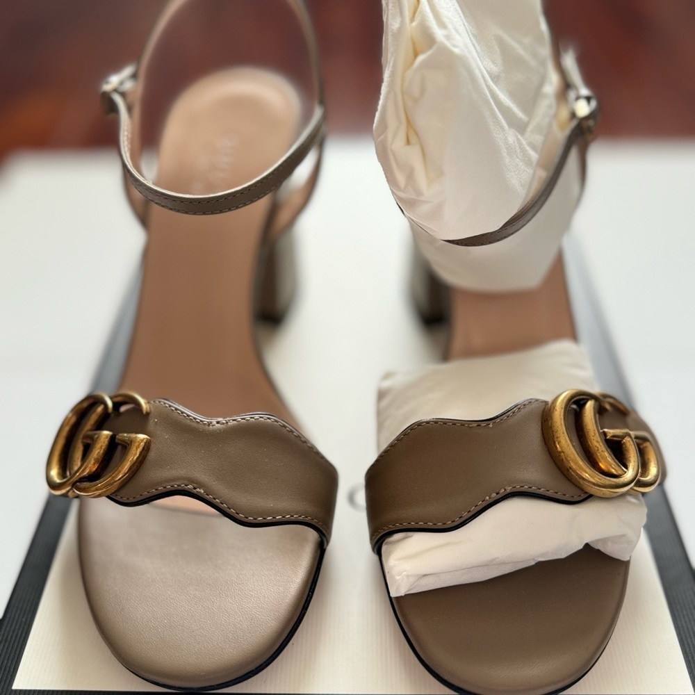 Leather Mid Heel sandal with Double G / Brand New Adjustable ankle strap.